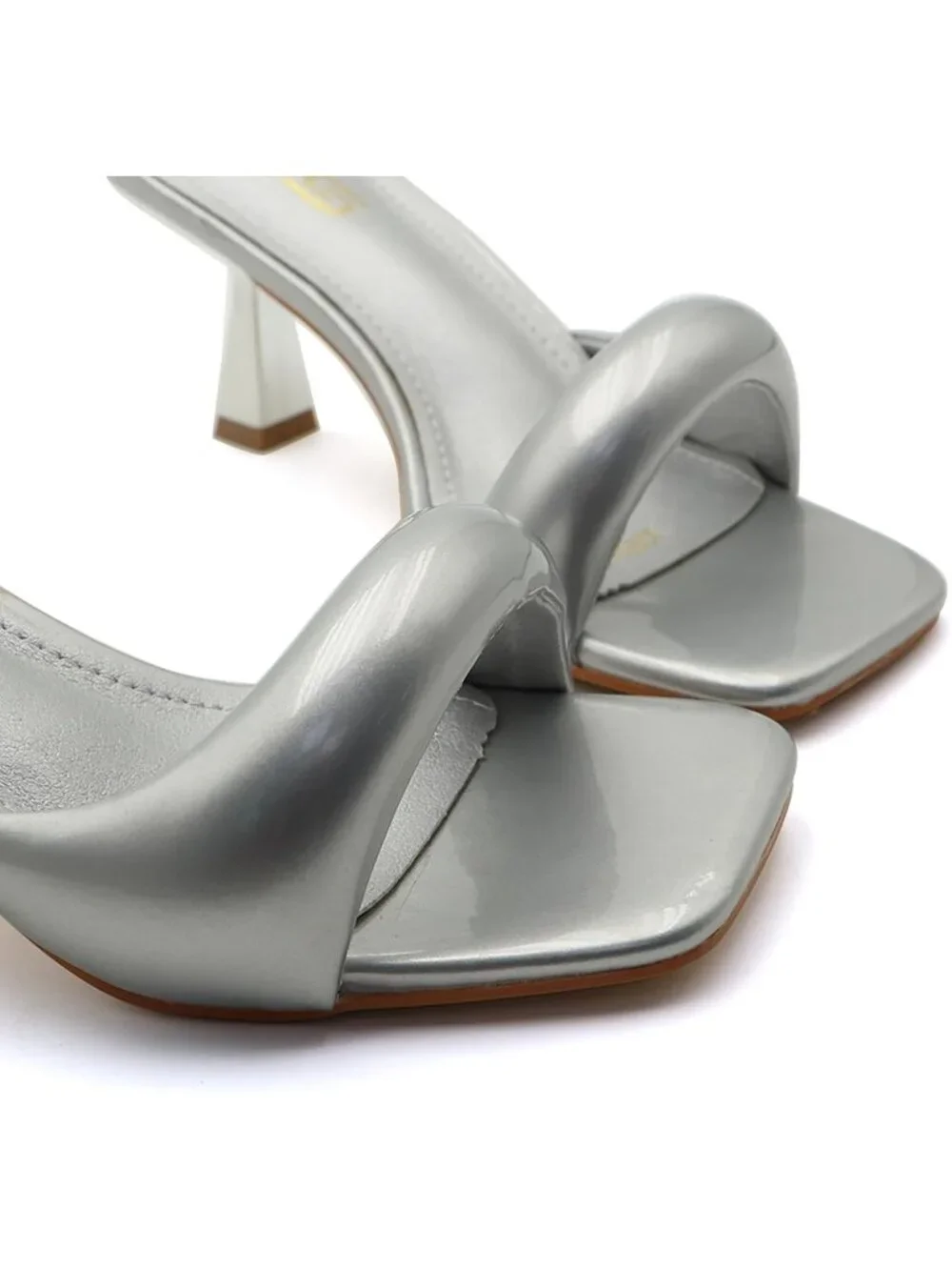 Women's Silver Leather One Band Square Open Toe Fashion Backless Heel Sandals